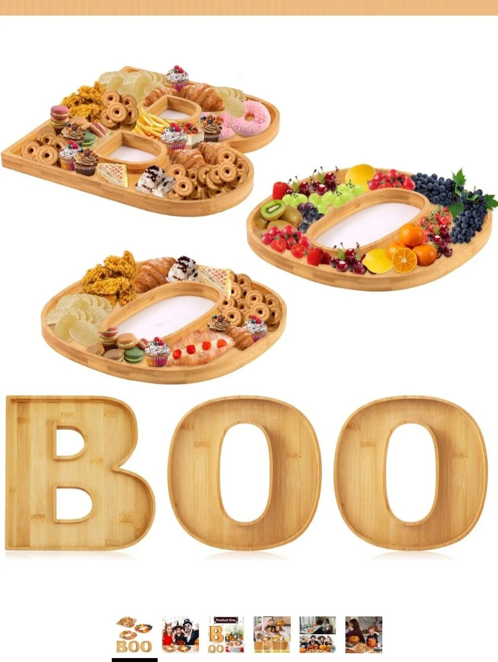 Bamboo 'BOO' Letter Serving Tray Set - Natural Wood Party Platter